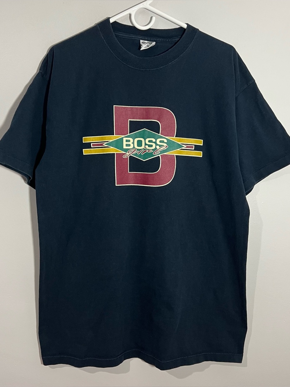 Vintage BOSS by Brookhurst Boss Girl Blue Red Short Sleeve T-Shirt Mens Medium
